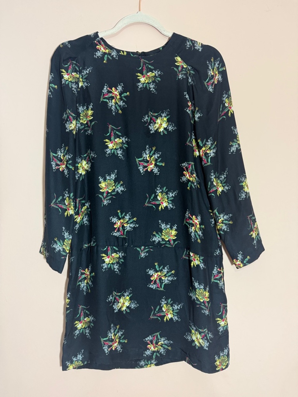 Zara Navy Floral Silk Dress Long Sleeve
